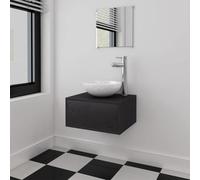 Conjunto de Muebles de Baño de 4 Piezas con Lavabo y Grifo, Mueble de Baño de Pared, Espejo, Grifo Monomando Cromado, Para Baño y Aseo, Color Negro, 40 x 34 x 20 cm, 30 x 30 cm, 280 x 100 mm