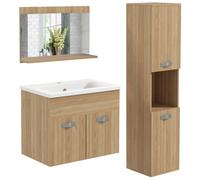 Kleankin conjunto de muebles de baño de pared de 3 piezas, incluye espejo, mueble de baño con lavabo cerámico, armario alto con estantes ajustables, estilo moderno, natural 131.5 cm