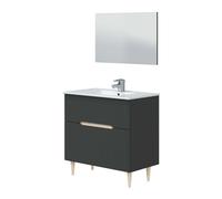 Conjunto de muebles de baño moderno lotto color gris antracita y roble (espejo+lavabo+columna suspendida)