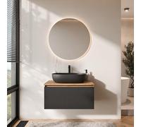 Conjunto de muebles de baño Planetmöbel Arisa, mueble bajo lavabo de 80 cm en oro, roble negro (con vetas) con espejo NOVA, lavabo negro de 60 cm, sifón ahorrador de espacio incluido