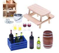 Conjunto de muebles de casa de muñecas de madera - Celebra como un profesional, mini vino, copa, botella | Cesta de vino tinto Cervezas Barril de bodega Simulación Botellas rojas Modelo