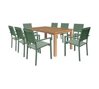 Conjunto de muebles de jardín de teca java con sillas de aluminio verde salvia - 8 plazas