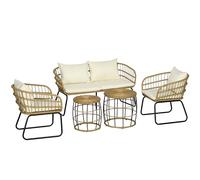Conjunto de muebles de jardín Outsunny de 4 plazas con 2 sillones, 1 sofá de 2 plazas y 2 mesitas bajas, cojines incluidos - ratán imitación tejido gris y acero negro