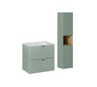 Conjunto de muebles lavabo individual encastrado 60cm 2 cajones y columna jade verde y madera