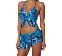 Conjunto de mujer de 2 piezas con lentejuelas de cuello halter con flecos para danza del vientre, top con lentejuelas y cuello en V, tirantes finos y falda corta brillante para fiestas, fiestas y