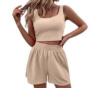 Conjunto de mujer de 2 piezas sin mangas de crop Top y pantalones cortos de chándal de verano conjuntos casuales casuales de canalé Lounge Set Chic Beach Jogging Yoga Fitness Outfit Loungewear, beige