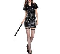 conjunto de mujer erótica sexy, Mujeres CLORURO DE POLIVINILO Cuero corto mini vestido sexy media manga falda corta loo húmedo club de lencería sexy ropa de cosplay traje de uniforme tentación, negro(