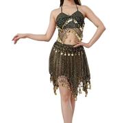 Conjunto de mujer genérico de 2 piezas con lentejuelas de cuello halter con flecos para danza del vientre, top con lentejuelas con cuello en V, sexy chic y falda de tul brillante para actuaciones y