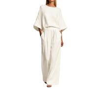 Conjunto de mujer genérico de 2 piezas elegante y elegante, ropa casual con mangas acampanadas, chándal bohemio alto y pantalón ancho Streetwear outfit set de moda ropa de ocio cómoda verano, blanco