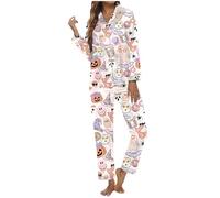 Conjunto de mujer otoño invierno de 2 piezas con camisa de noche + pantalón pijama conjuntos de pijama de Halloween para mujer, talla grande, disfraz de Halloween y manga larga, ropa de dormir para