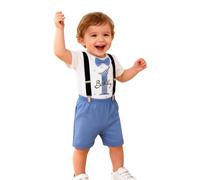 Conjunto de My First Cumpleaños Bebé Niño Manga Corta con Pajarita Top+ Rayas Peto Corto Liso 2Pcs Conjuntos Ropa para Verano Cake Smash Trajes