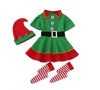 Conjunto de Navidad Elfo Niñas Niños Vestido Niña Conjunto de Disfraz de Elfo Navideño Verde para Niños Carnaval Falda Sombreros Calcetines para Navidad Santa Año Nuevo Mascarada (Girl, 90)