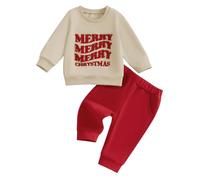 Conjunto de Navidad para bebé, traje de Navidad, 2 sudaderas, estampado de Papá Noel + pantalones de ropa de bebé mixtos, otoño e invierno, Caqui Merry Christmas, 3-4 Años
