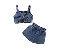 Conjunto de niña de 3 a 8 años de edad, espalda desnuda y pantalones cortos de mezclilla estilo ins verano ropa infantil moda dos piezas (azul, 5-6 años)
