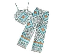 Conjunto de niña de 8 a 12 años de edad de verano con espalda desnuda estampada étnica y pantalones anchos leggings de dos piezas traje de playa escolar Yoga (Light Blue, 7-8 años)