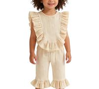 Conjunto de niña de algodón puro lino mixto con volantes de dos piezas atuendo casual cómodo para verano estaciones cálidas estilo natural (beige, 12-18 meses)