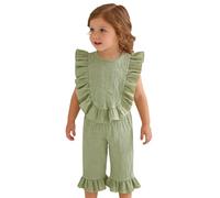 Conjunto de niña de algodón puro y lino mixto con volantes de dos piezas, ropa casual cómoda para verano estaciones cálidas estilo natural (Green, 3-4 años)