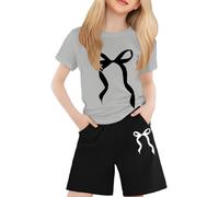 Conjunto de niña de verano de manga corta impreso nudo camiseta corta dos piezas casual cómodo para niños(Grey, 6-7 años)