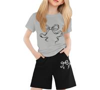 Conjunto de niña de verano de manga corta impreso nudo camiseta corta dos piezas casual cómodo para diario(Grey, 8-9 años)