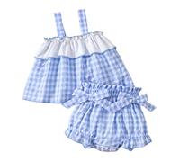 Conjunto de niña genérico 3-24 m con espalda desnuda y cuadros impresos con volantes y pantalones cortos, corbata de pajarita casual para bebé (azul, 12-18 meses)