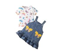 Conjunto de niña genérico 6M-3Y camiseta de manga corta dibujos animados mariposa impresa y falda mono jeans volantes traje completo ropa(azul, 12-18 months)