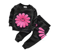 Conjunto de niña Primavera/Manga Larga Margaritas Estampado Suéter Top + Estampado de Pétalo Doble Bolsillo Pantalones Conjunto Fiesta Cumpleaños Escuela Ropa Niños Niñas 140, Negro , 12-18 meses