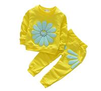 Conjunto de niña Primavera/Manga Larga Margaritas Estampado Suéter Top + Estampado de Pétalo Doble Bolsillo Pantalones Conjunto Fiesta Cumpleaños Escuela Ropa Niños Niñas 140, amarillo, 18-24 meses