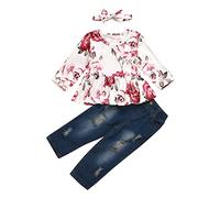 Conjunto de Niñas Blusa Manga Larga Estampado Floral con Pantalones Rasgados y Diadema Coordinada Prendas Confortable para Bebés Infantil Colección Moda Primavera Verano Diario Escolar (A, 2-3 Years)