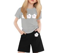 Conjunto de niño estampado casual cuello redondo manga corta camiseta corta cómoda diaria ropa niño niña dos piezas blusa (Grey, 8-9 Years)