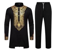 Conjunto de Oriente Medio Hombre Gran Tamaño Traje Cuello Alto Adornado Dibujo Tribal Antiguo Tótem Traje Festival Nupcial Profesional Distinguido Conjunto Estilo Étnico Traje Reunión, Negro , S