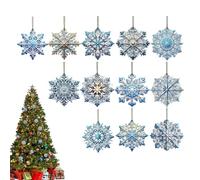 Conjunto de ornamento de copos de nieve azul - 24 COUNTS Two-Sison Colgante acrílico, acentos decorativos de escena de invierno de vacaciones de madera con perchas | Decoración estacional para la