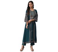 Conjunto de pantalσn kurta para mujer en color verde azulado con estampado paisley dorado y khadi
