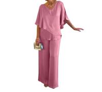 Conjunto de pantalón y túnica de doble capa de talla grande en color gris, conjunto de 2 piezas con cuello en V liso para mujer, conjunto asimétrico fluido (rosa, pequeña)