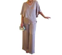 Conjunto de pantalón y túnica de tallas grandes gris de doble capa, conjuntos de 2 piezas para mujer con cuello en V sólido, conjunto asimétrico fluido (caqui, XXL)
