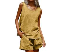 Conjunto de pantalones cortos de lino de verano para mujer, de dos piezas, de muselina, traje de pantalón ligero, monocolor, traje de lino de 2 piezas, transpirable, sin mangas, traje de ocio, holgado