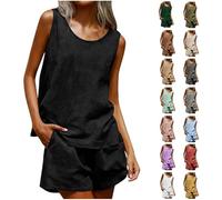 Conjunto de pantalones cortos de lino de verano para mujer, de dos piezas, de muselina, traje de pantalón ligero, monocolor, traje de lino de 2 piezas, transpirable, sin mangas, traje de ocio, holgado