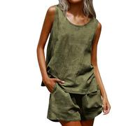 Conjunto de pantalones cortos de lino de verano para mujer, de dos piezas, de muselina, traje de pantalón ligero, monocolor, traje de lino de 2 piezas, transpirable, sin mangas, traje de ocio, holgado