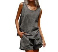Conjunto de pantalones cortos de lino de verano para mujer, de dos piezas, de muselina, traje de pantalón ligero, monocolor, traje de lino de 2 piezas, transpirable, sin mangas, traje de ocio, holgado
