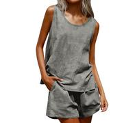 Conjunto de pantalones cortos de lino de verano para mujer, de dos piezas, de muselina, traje de pantalón ligero, monocolor, traje de lino de 2 piezas, transpirable, sin mangas, traje de ocio, holgado