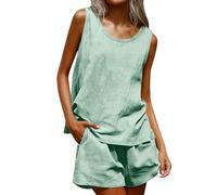 Conjunto de pantalones cortos de lino de verano para mujer, de dos piezas, de muselina, traje de pantalón ligero, monocolor, traje de lino de 2 piezas, transpirable, sin mangas, traje de ocio, holgado