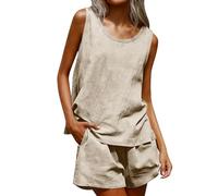 Conjunto de pantalones cortos de lino de verano para mujer, de dos piezas, de muselina, traje de pantalón ligero, monocolor, traje de lino de 2 piezas, transpirable, sin mangas, traje de ocio, holgado
