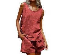 Conjunto de pantalones cortos de lino de verano para mujer, de dos piezas, de muselina, traje de pantalón ligero, monocolor, traje de lino de 2 piezas, transpirable, sin mangas, traje de ocio, holgado