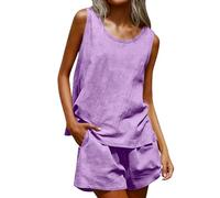 Conjunto de pantalones cortos de lino de verano para mujer, de dos piezas, de muselina, traje de pantalón ligero, monocolor, traje de lino de 2 piezas, transpirable, sin mangas, traje de ocio, holgado