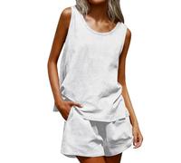 Conjunto de pantalones cortos de lino de verano para mujer, de dos piezas, de muselina, traje de pantalón ligero, monocolor, traje de lino de 2 piezas, transpirable, sin mangas, traje de ocio, holgado
