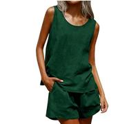 Conjunto de pantalones cortos de lino de verano para mujer, de dos piezas, de muselina, traje de pantalón ligero, monocolor, traje de lino de 2 piezas, transpirable, sin mangas, traje de ocio, holgado