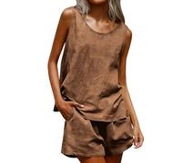 Conjunto de pantalones cortos de lino de verano para mujer, de dos piezas, de muselina, traje de pantalón ligero, monocolor, traje de lino de 2 piezas, transpirable, sin mangas, traje de ocio, holgado
