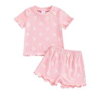 Conjunto de pantalones cortos de manga corta con estampado de flores y frutas, cuello redondo, sesión de fotos, Rosa., 2-3 años