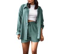 Conjunto de pantalones cortos de manga larga para mujer, conjunto de dos piezas, azul, L
