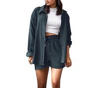 Conjunto de pantalones cortos de manga larga para mujer, conjunto de dos piezas, gris, L