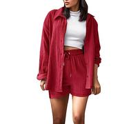 Conjunto de pantalones cortos de manga larga para mujer, conjunto de dos piezas, rojo, L